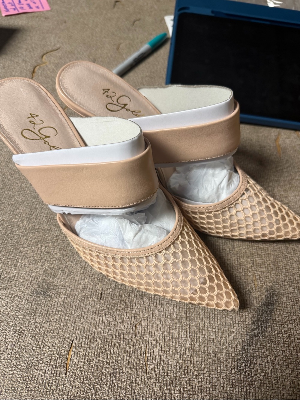 42 GOLD Nude Mesh Pointed-Toe Slip-On Mules
